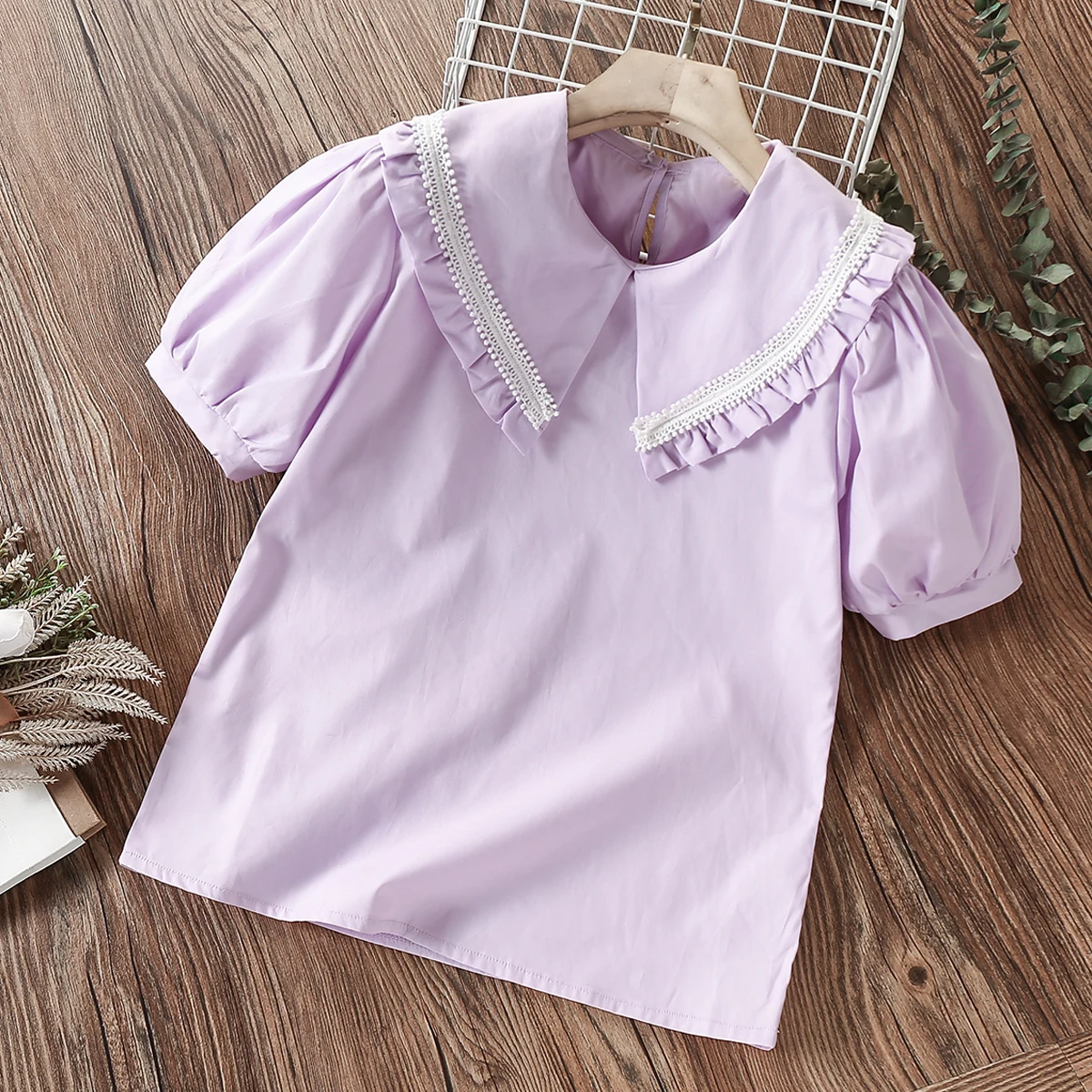 Kids Ruffle Purple Shirts For Girls Blouses Summer Short Sleeve