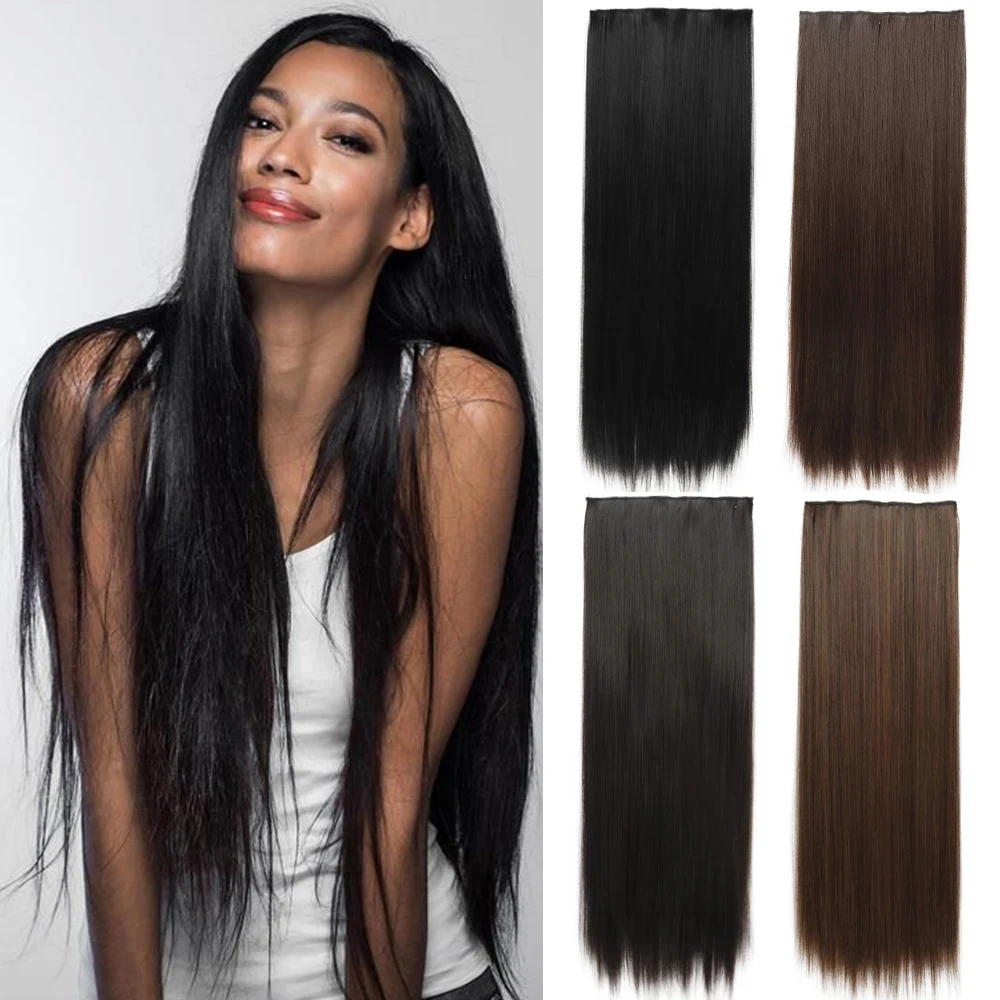MERISIHAIR 32inch Synthetic Hair Extensions One piece 5 Clips Long Straight High Temperature Fiber Black Brown Hairpiece