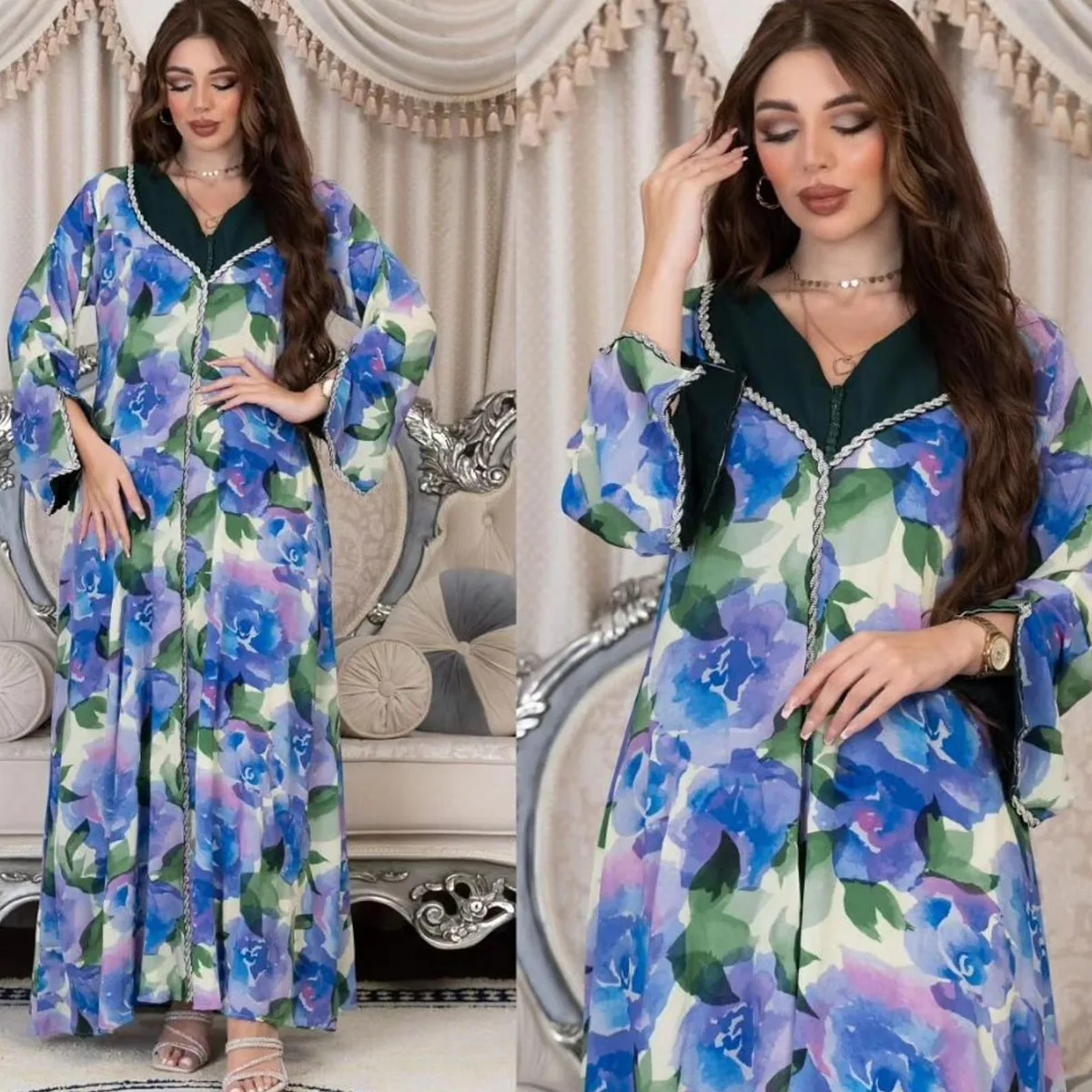 

Abaya Caftan Women Dubai Middle East Light And Cool Printed Simulated Silk Sequin Embroiled Split Long Slept Button Up Dress