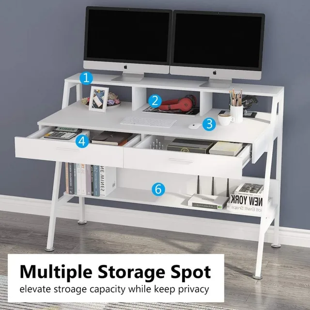 Computer Desk with Storage Shelf & Drawers, Modern 47 inch Office Writing Desk Study Table with Monitor Stand Riser 5