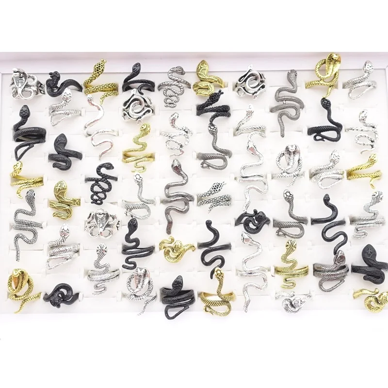 30pcs Men Women Snake Rings Fashion Jewelry Punk Style Animal Party Gift Wholesale Lot Size Adjustable Black Gold Silver Plated
