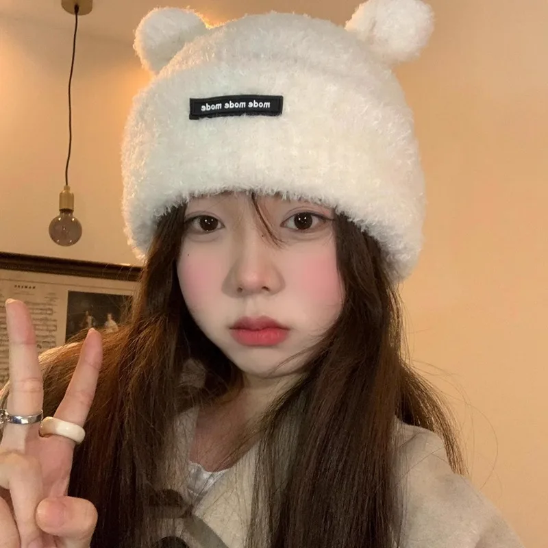 

Корейский стиль, плюшевый пуловер, женская шапка на осень и зиму, милая однотонная теплая универсальная Вязаная Шапка-бини с белыми медвежьими ушками