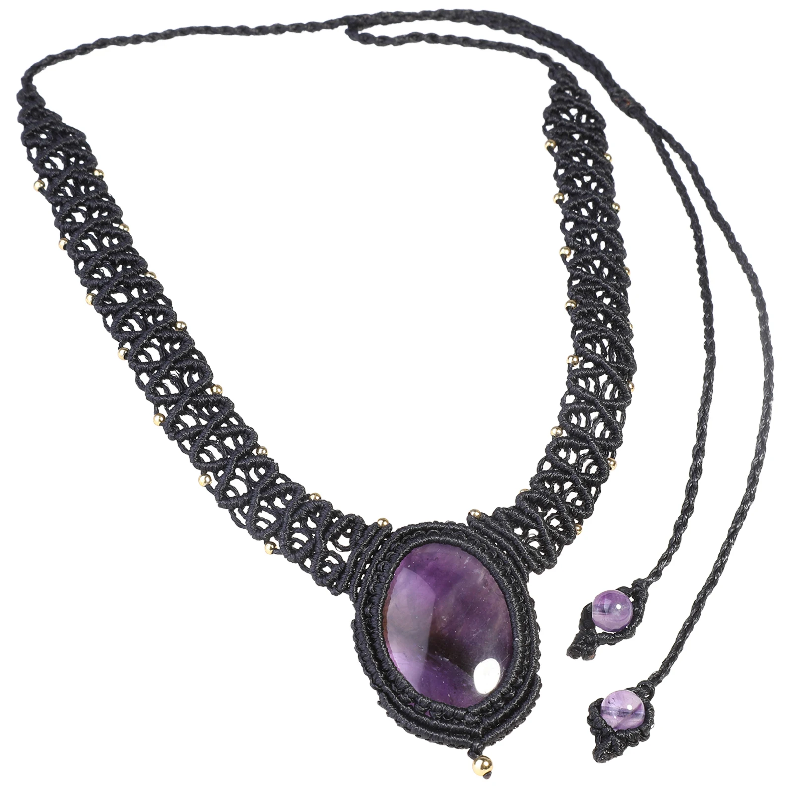 

TUMBEELLUWA Cabochon Natural Amethyst Crystal Stone Collar Choker,Adjustable Braided Oval Pendant Necklace For Women Jewelry