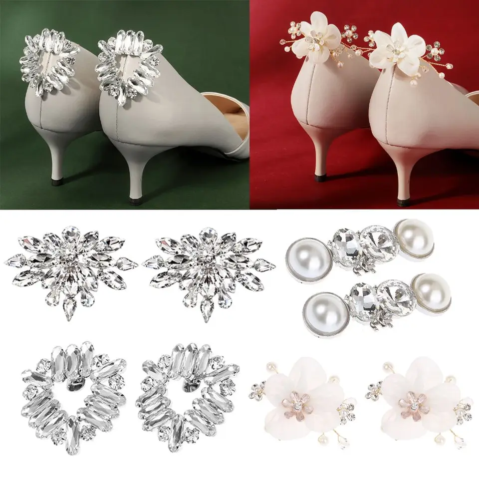 4 Clip Decorativi Con Strass Per Scarpe - Argento Per Matrimoni E Feste