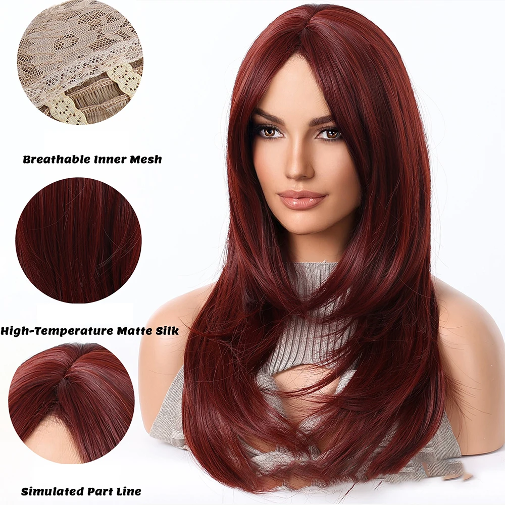 Reddish Brown Synthetic Wig Natural Layered Hair Wigs for Women Daily Party Cosplay Wig Medium Long Straight Hair Heat Resistant 5
