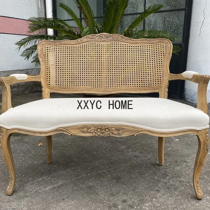 American Style French Style Country Rattan Wood Carved Living Room Three-Seat Sofa Combination Retro Two-Seat