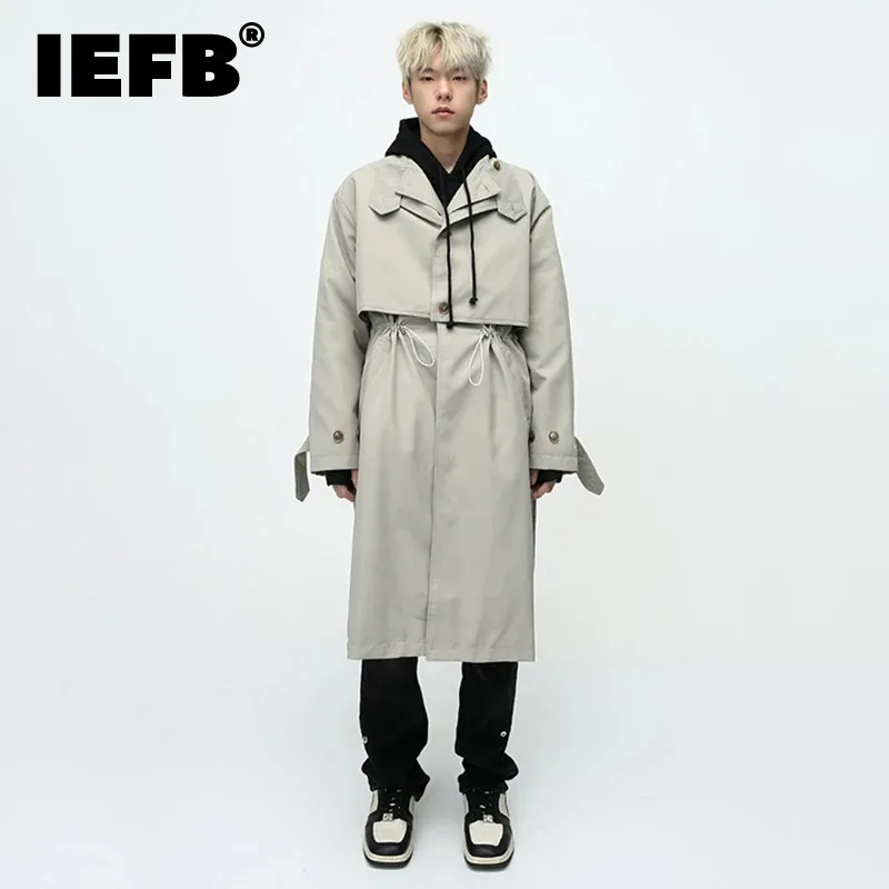 

IEFB Men's Trench Coat Autumn New British Style Double Neck Niche Design Elastic Waist Over Knee Windbreaker 2023 Trend 9C3419