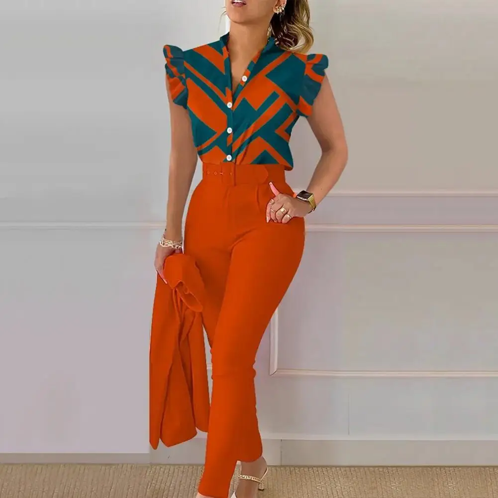 Women Flying Sleeves Suit Elegant Women's Office Wear Set with V Neck Top High Waist Pants Belt Chic Slim Fit Outfit for Work