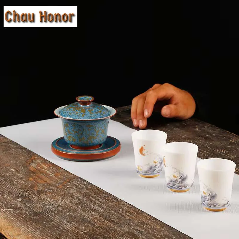 160ml Emerald Blue Jade Kiln Change Gaiwan Boutique Tea Tureen Household Tea Making Cover Bowl Teaset Accessories Decoration