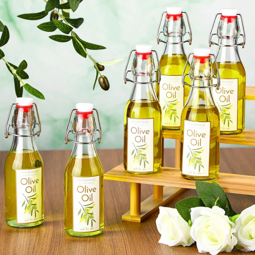 Swing Top Glass Bottles for Olive Oil Homemade 8 oz Clear Flip Top Bottles with Airtight Lids Labels for Storing Homemade Oil 3