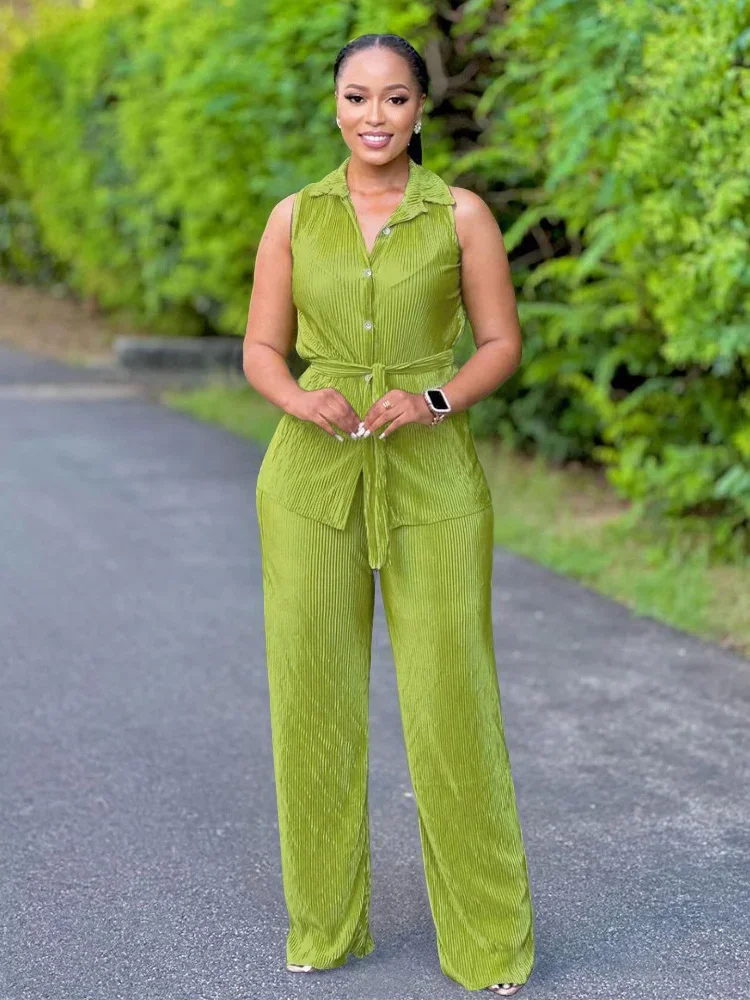 Wmstar Women Two Piece Set Casual Solid Color Sleeveless Turn Down Collar Top Long Trousers Elegant Office Female Summer Outfits