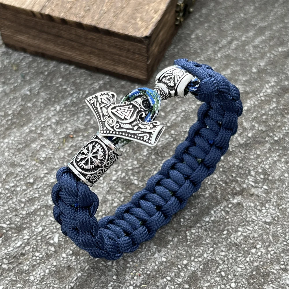 Thor Hammer Mjolnir Runes Teiwaz Algiz Amulet Jewelry Norse Viking Accessories Paracord Rope Bracelets For Men Women Bangles 3