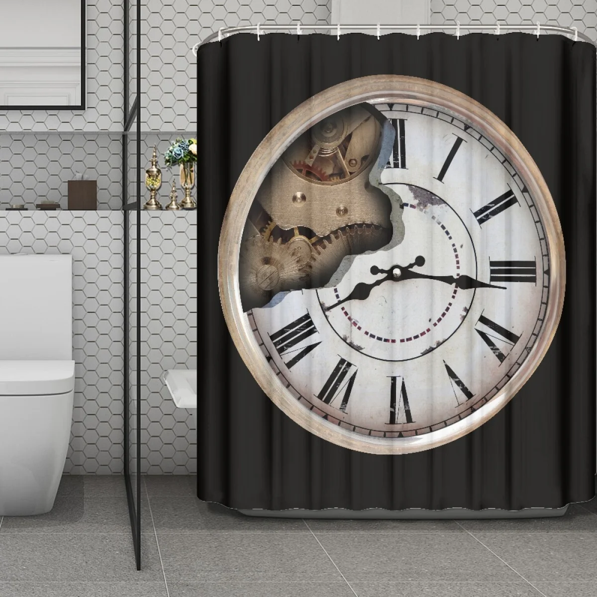 

Bathroom Accessories Vintage Clock Pattern Shower Curtain For Bathroom Print On Demand Waterproof Fabric Bathroom Curtains