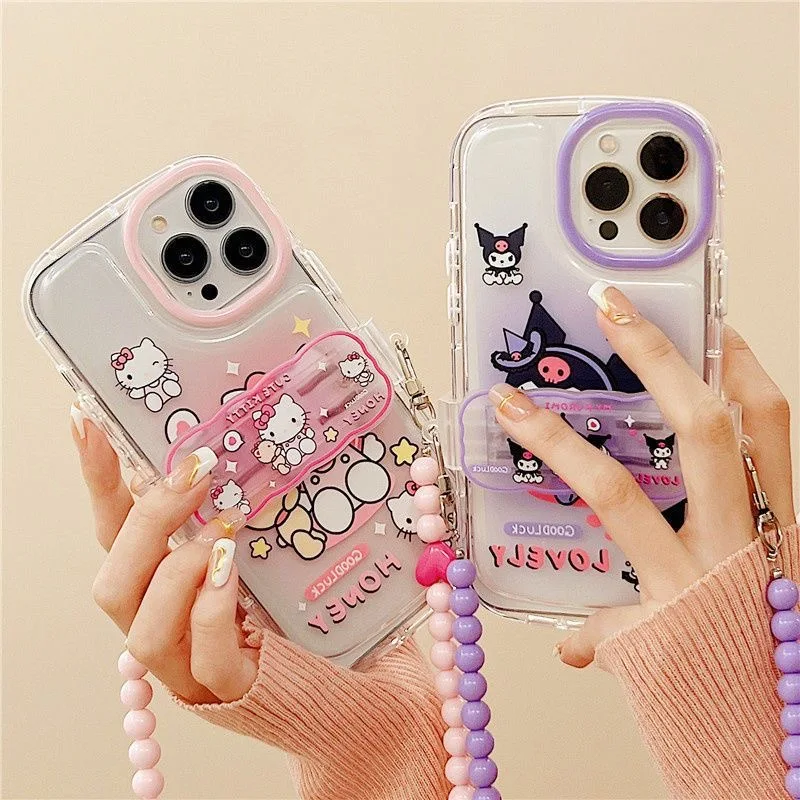 

Cute Cartoon Sanrio Hello Kitty Kuromi With Luxury Bracelet Phone Cases For iPhone 14 13 12 11 Pro Max Back Cover Y2k Girl Gift