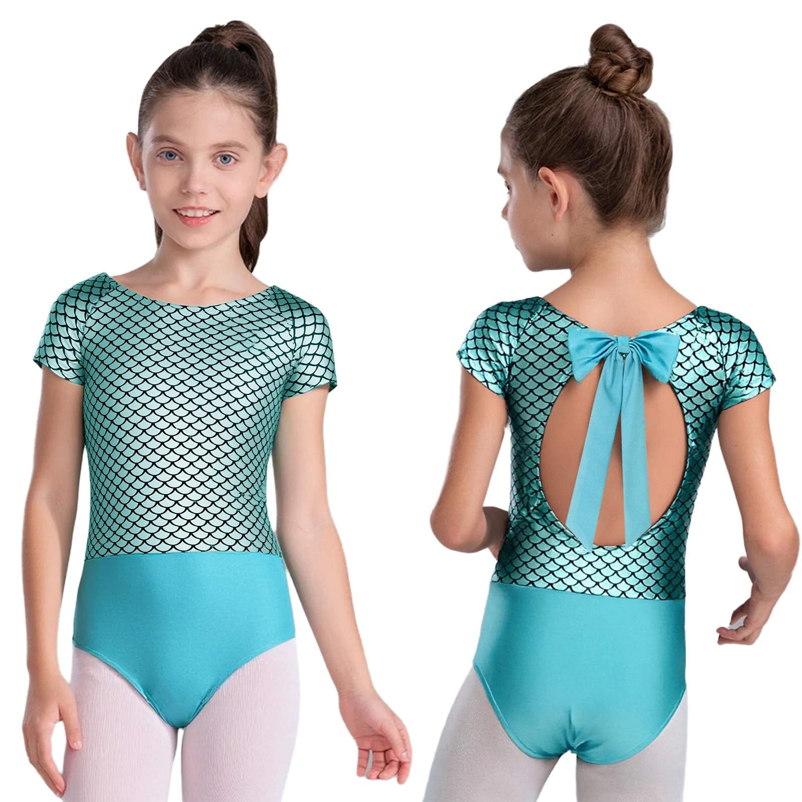 Kids Girls Fashion Fish Scale Print Ballet Dance Leotard Sequins Bowknot Back Bodysuit for Gymnastics Dance Performance Bodysuit