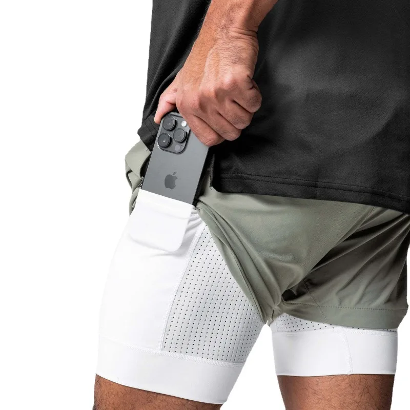 Men's Summer Gym Fitness Sport Double-deck 2 in 1 Shorts Quick Dry Running Workout Jogger Short Pants Bodybuilding Sweatpants 2