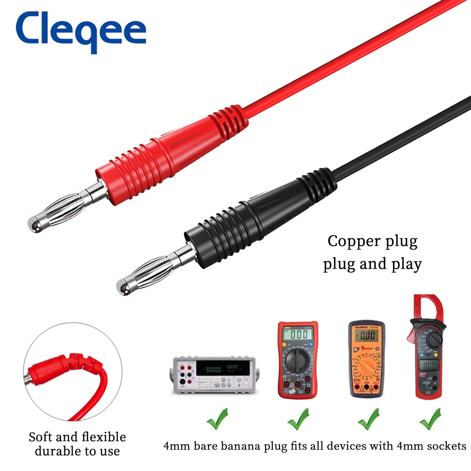 Cleqee P1041B 듀얼 4mm 바나나 플러그 테스트 리드 키트 악어 클립 키트 악어 클램프-6mm U 형 스페이드 플러그 100cm 케이블 1000V