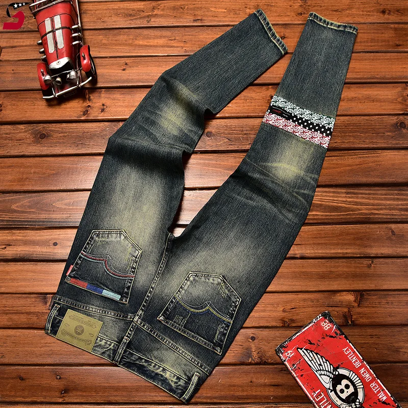 Fashionable High-End Jeans Men's Retro Nostalgic Stitching Trendy Printed Slim Straight 2024 Autumn New Denim Long Pants 4