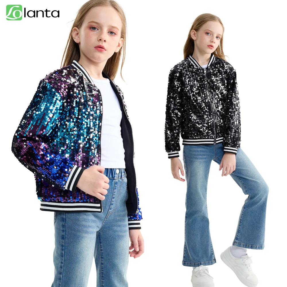 LOlanta Girls Sequin Bomber Jacket with Pockets Zipper Long