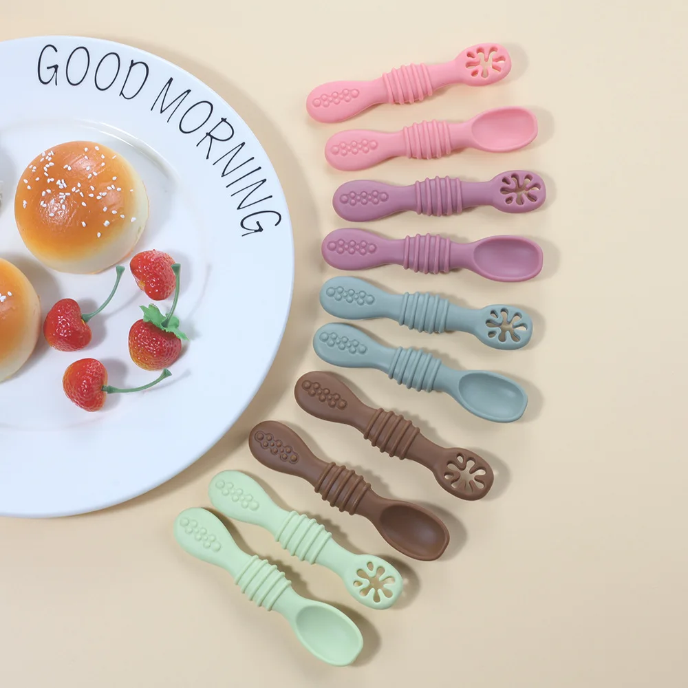 2PCS Cute Baby Learning Spoons Utensils Set Food Grade Silicone Sticky Spoon Children Cutlery Training Spoon Feeding Tableware 2