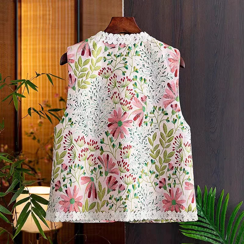 Summer New Brocade Embroidery + Lace Vest Women's Chinese Style Fashion Age Reducing Elegant O-Neck Lady Sleeveless Top S-XL