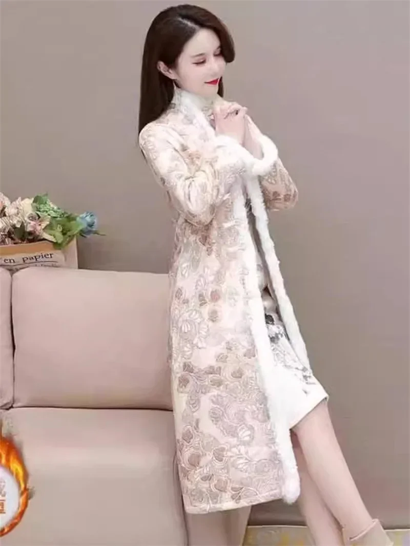 

2024 New Qipao Autumn/Winter Women Woolen Woolen Art Retro Ancient Style Coat Fashion Style Dress Female Korean Version Slim Top