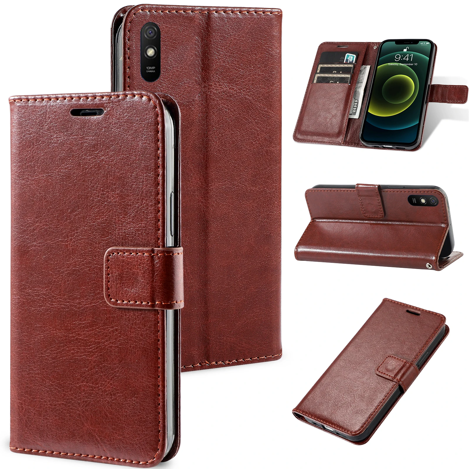 Magnetic Leather Wallet Flip Case with Bracket Design