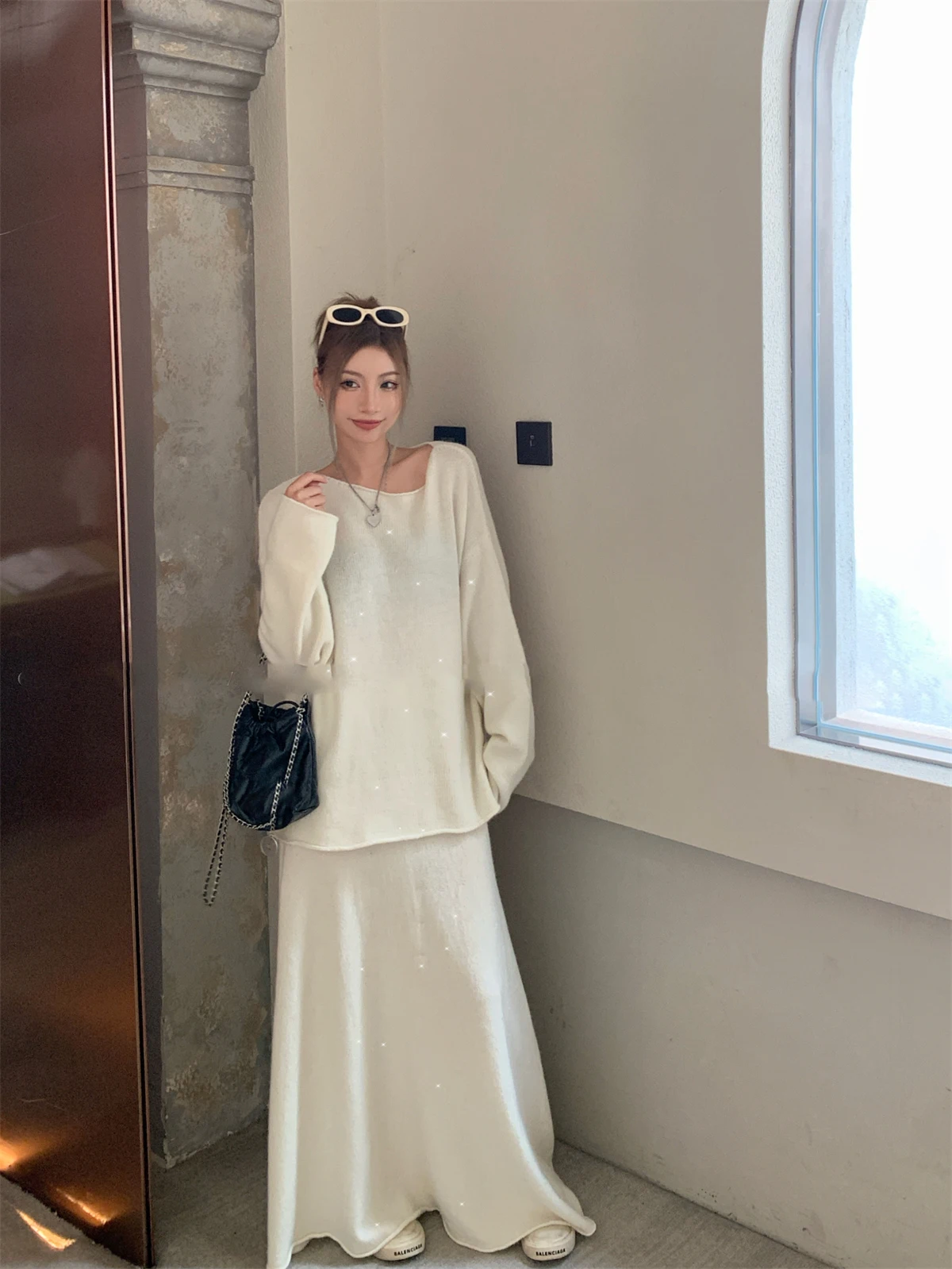 Sexy Soft Elegant Vintage Women Suits 2 Pieces Female Sets Slash Neck Sweater & Midi Dress Bling Knitted TrackSuit