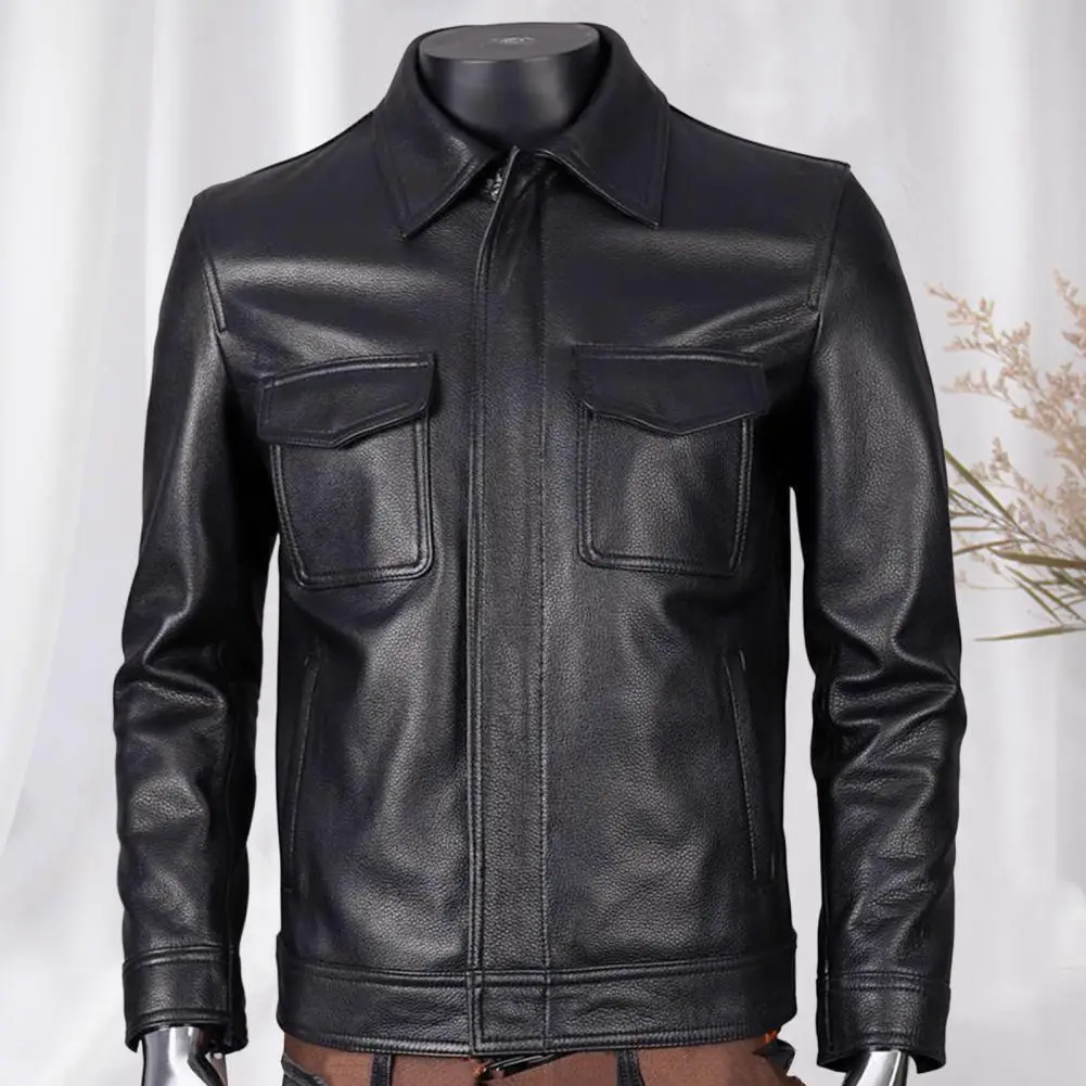 

Male Faux Leather Outerwear Slim Fit Men's Faux Leather Jacket Lapel Zipper Placket Flap Pockets Autumn Winter Spring Outwear