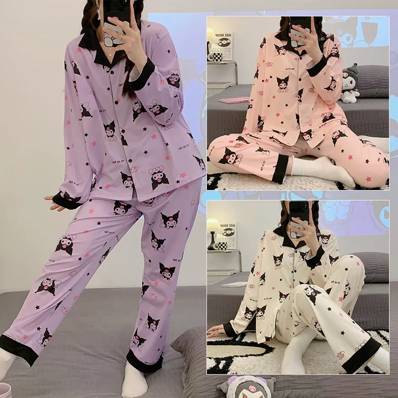 

Kawaii Sanrio Pajamas Kuromi Cartoon Anime Cute Spring Autumn Styles Fashionable Loose Fitting Pure Cotton Home Clothing Set