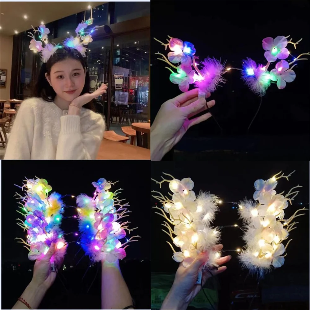 

New LED Christmas Headband Deer Elk Feather Plum Flower Headwear Girl's Antlers Hair Accessories New Year Party Xmas Decoration