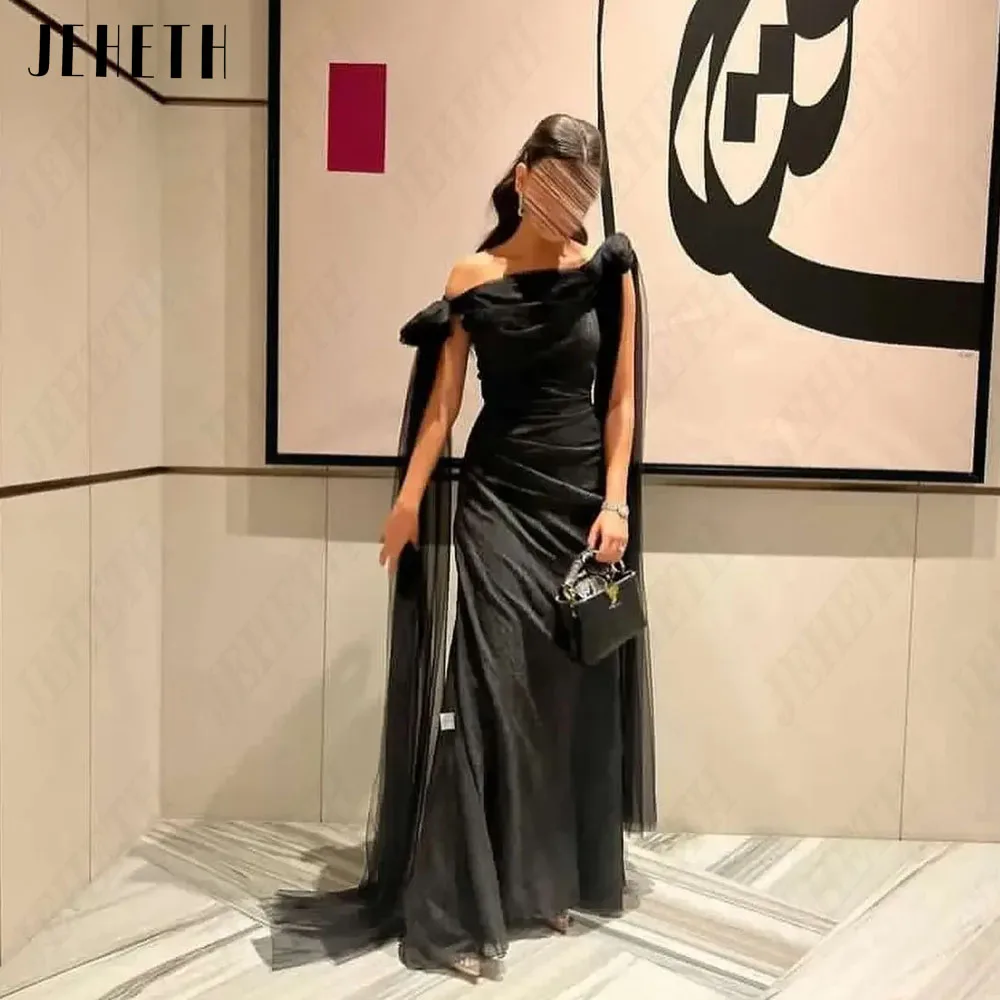 

JEHETH Off Shoulder Evening Dress Saudi Arabia Boat Neck Mermaid Black Pom Gowns Tulle Floor Length فساتين سهره فاخره 2024