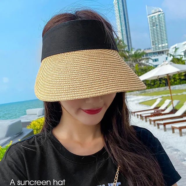 Fashion Casual Straw Cap Visors Summer Empty Top Suncap Portable Foldable Magic Tape Roll-up Beach Hat Wide Brim Women Sun Hat 2