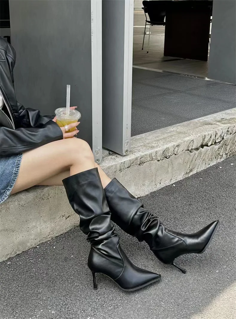 New Classic Fashion Knee High Boots Women's Winter Autumn Thick Heel Long Slip on Spring Shoes Women Length Slender heel Boots