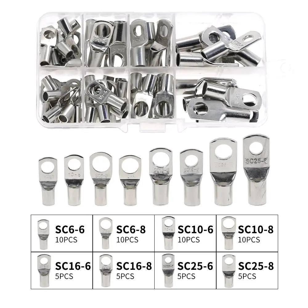 60PCS SC6-25 Series Round Cold Crimp Terminal Connectors Copper Nose Wire Connectors Silver