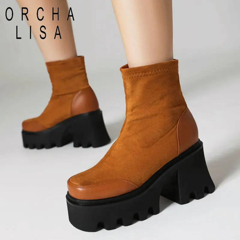 

ORCHA LISA Fashion Women Ankle Boots Round Toe Chunky High Heels 8cm Platform 4cm Slip On Flock Suede Big Size 43 Leisure Bota