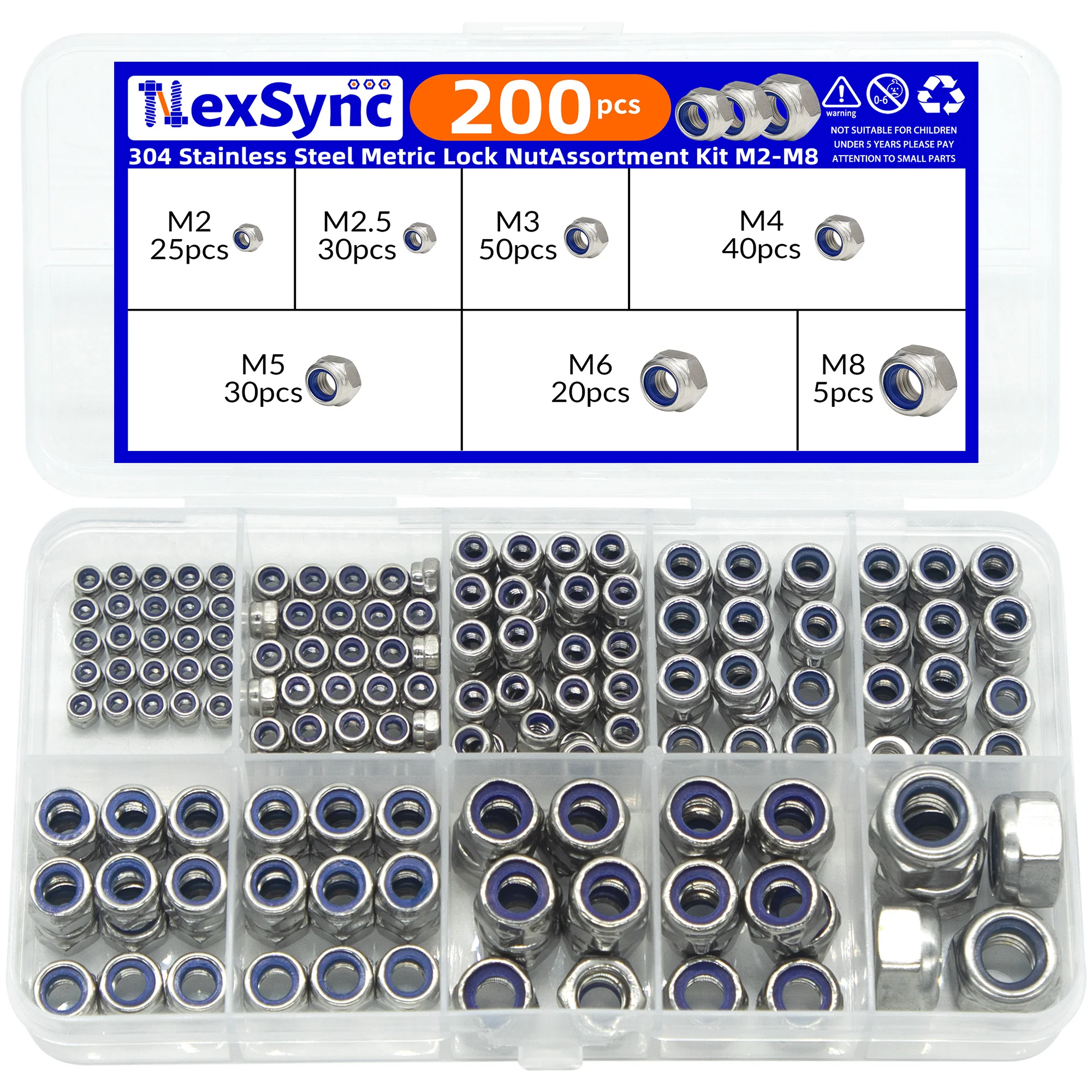 DIN985 Hex Nylon Insert Self Lock Nut Nylock Locknut Assortment Kit 200pcs M2 M2.5 M3 M4 M5 M6 M8 304 A2-70 Stainless Steel