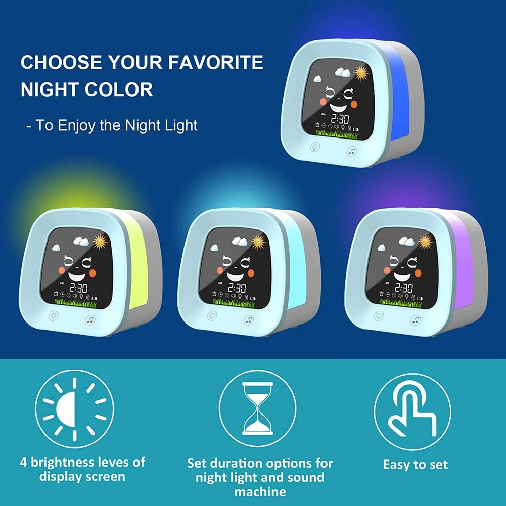 New Kids Alarm Clock for Kids, Children's Sleep Trainer Clock with 4 Color Toddler Night Light, Sleep Sound Machine, Blue