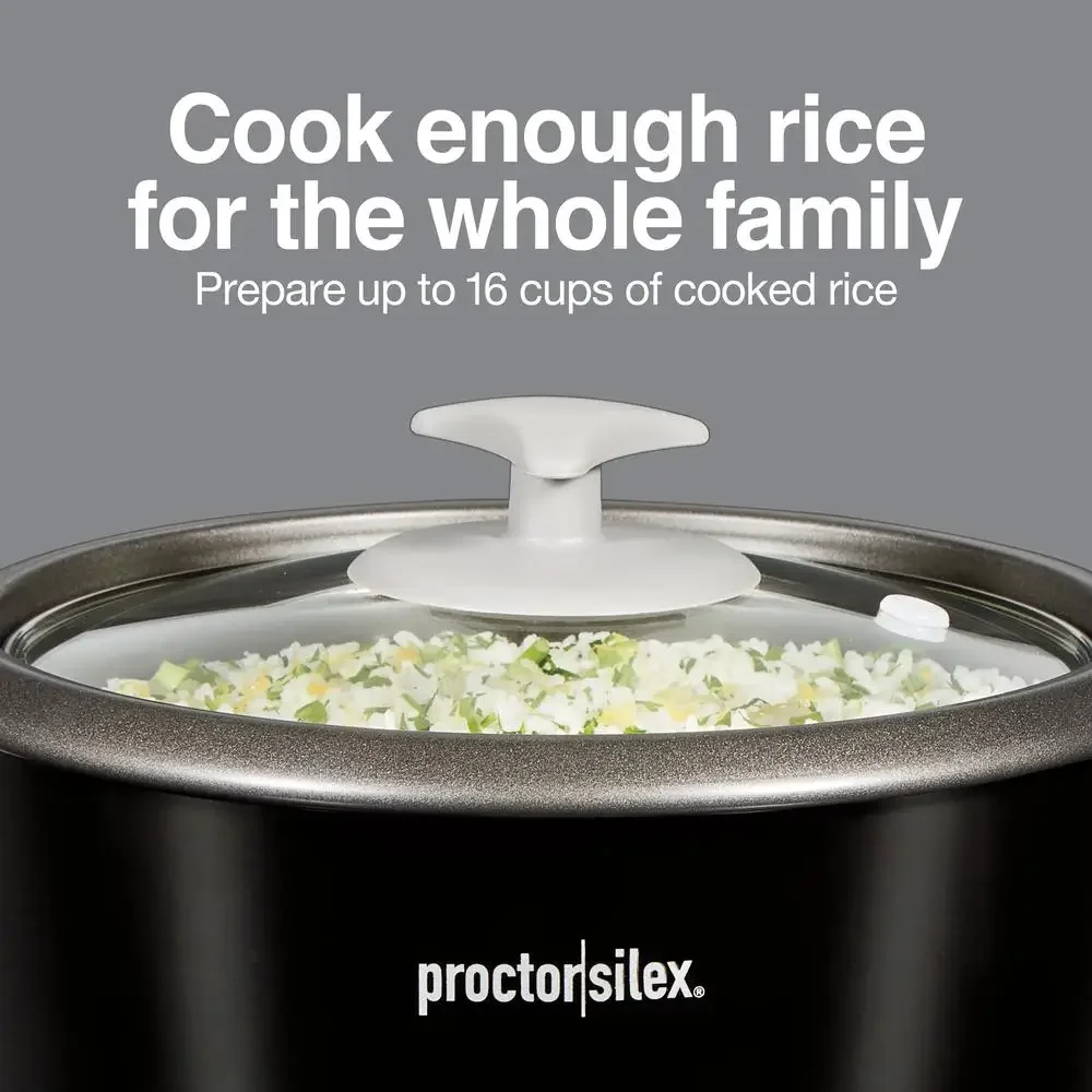 16 Cup Rice Cooker & Steamer Black Silver Family Size Healthy Cooking 37527 One-Button Operation Steamer Basket Includes 2