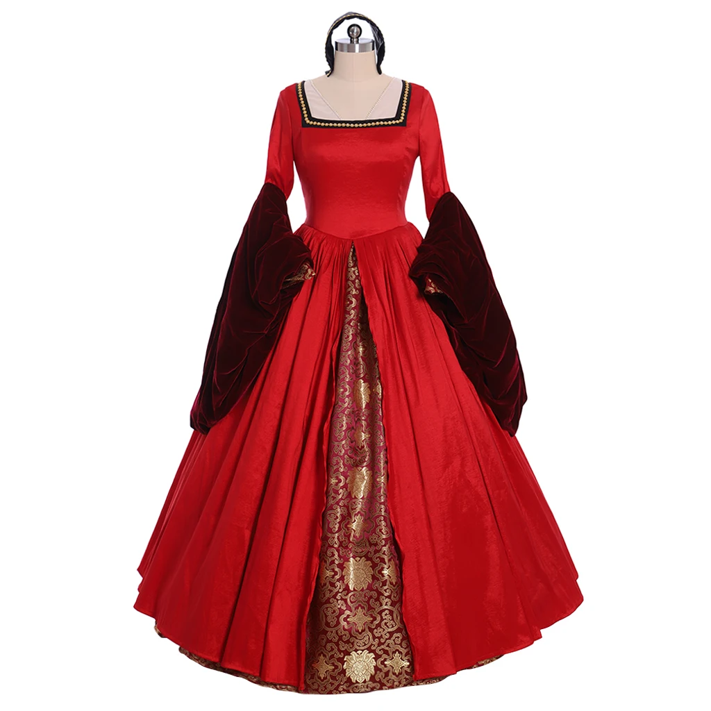 Anne Boleyn Cosplay Red Dress Tudor Queen Elizabeth Costume Medievale Vittoriano Corte Royal Ball Gown
