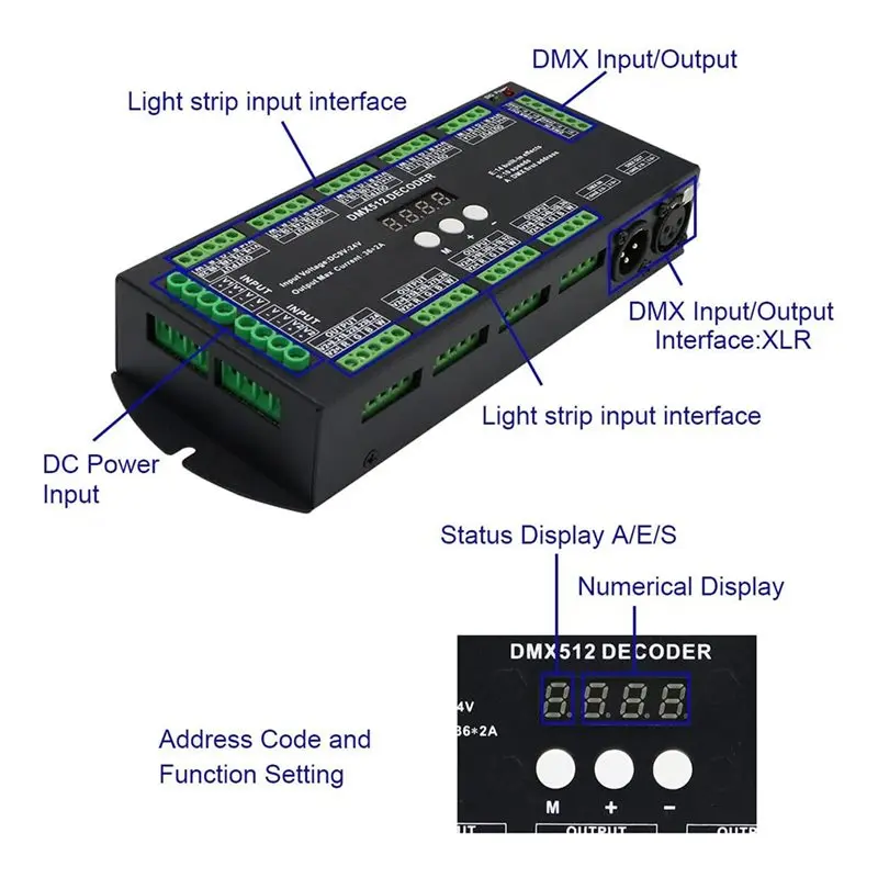 B68C DC9-24V 2A/CH DMX RGBW LED 디지털 디스플레이 디코더 36CH DMX512 컨트롤러 RGBW LED 조명용 14가지 내장 효과