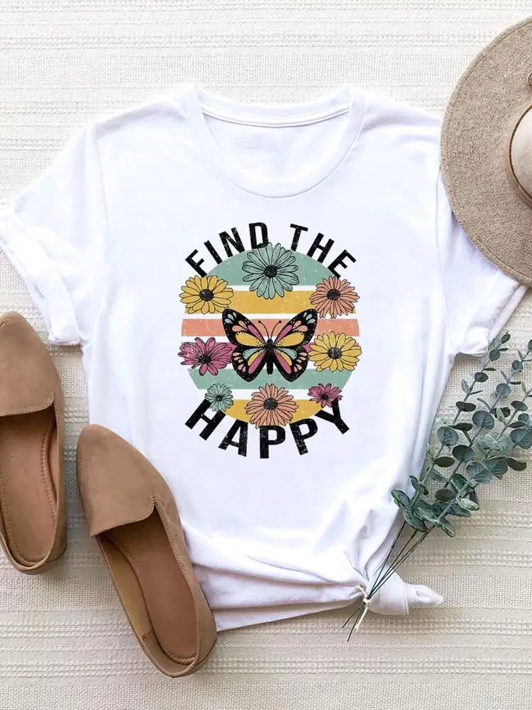 

Short Sleeve Summer Top Tee Women Clothes Striped Butterfly Letter Basic Clothing Print T Shirt Fashion Graphic T-shirt