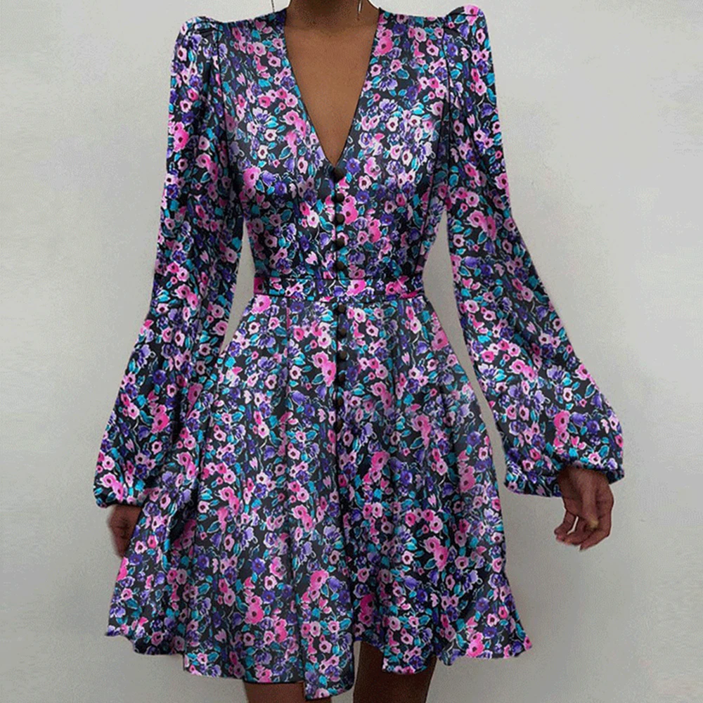 

Summer Fashion Print Women Dress Mini Robe Elegant Party Wrap Evening Dress Long Lantern Sleeve V Neck Solid Vestidos Female