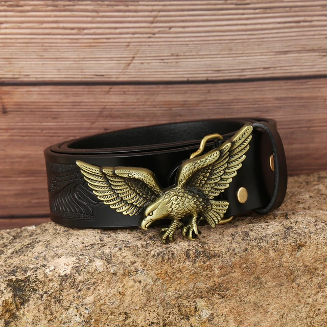 Western Denim Zinc Alloy Eagle Belt Buckle with Embossed Leather