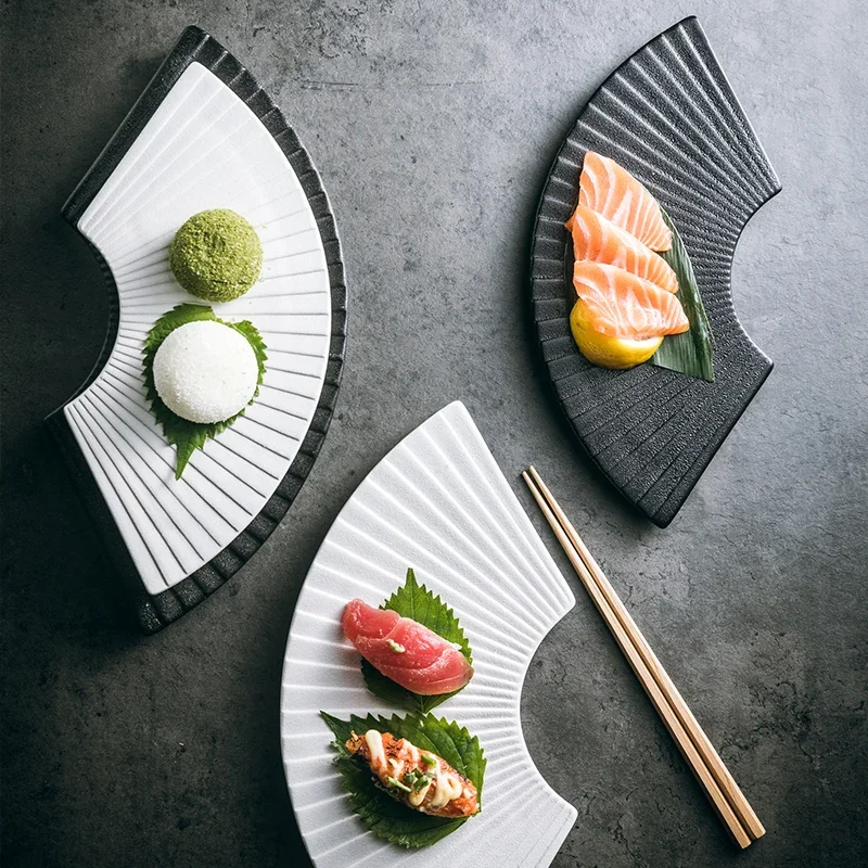 Ceramic Frosted Fan Japanese Sushi Dinner Set Plates Dishes Tableware Kitchen Bar Supplies
