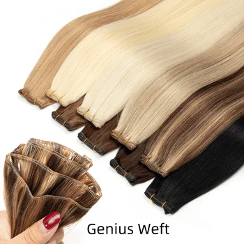 Dark Brown Invisible Genius Weft Human Hair Wefts Extensions Straight Lightweight Hair Bundles Natural Thin Seamless Hair Weaves
