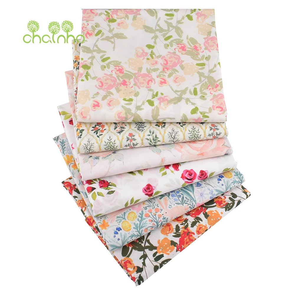 Chainho,Floral Series 60S Reactive Printed Plain Cotton Fabric,Poplin Material For DIY Quilting Sewing Children's Dresses,Skirts