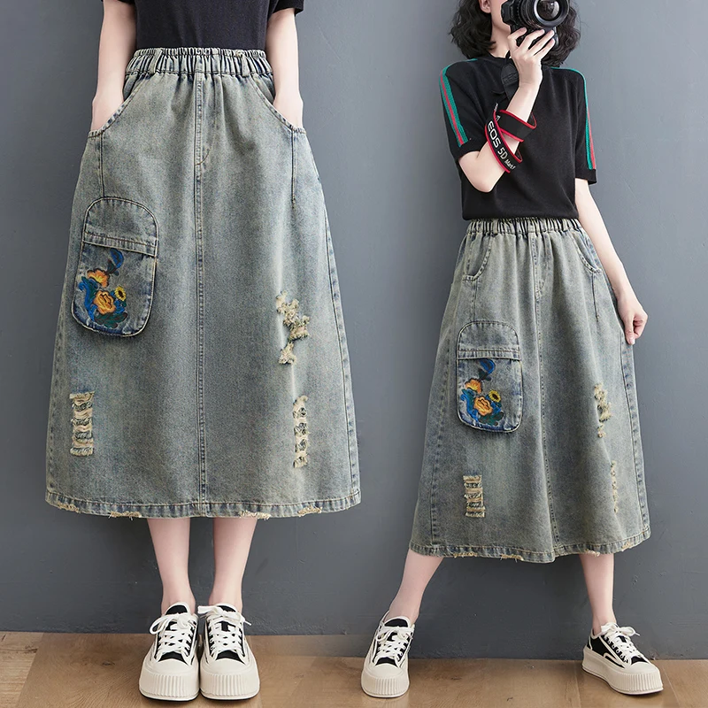 تنورات نسائية طويلة مطرزة عتيقة من قماش الدنيم ملا...