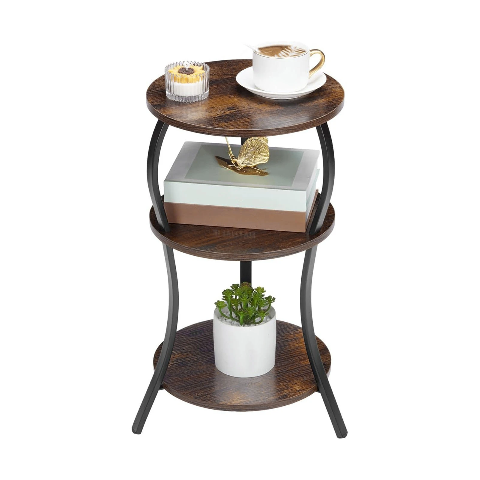 New Bedside Table Round End Table Side Table 3 Tier MDF Metal Frame Rustic Accent Table Nightstand for Living Room Bedroom Couch