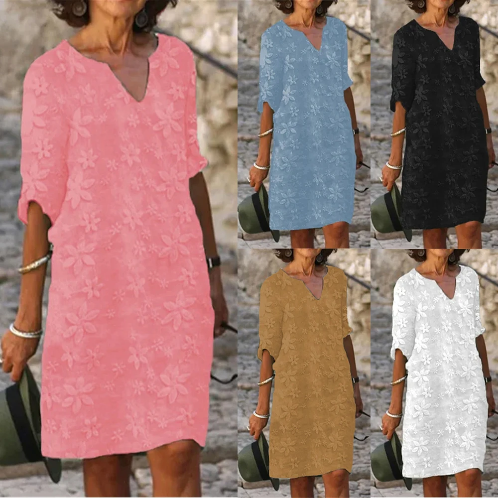 

V Neck Sundress Fashion Women A-line Dress Short Sleeve Midi Boho Dresses Plus Size Holiday Summer Bohemian Beach Skirt Female